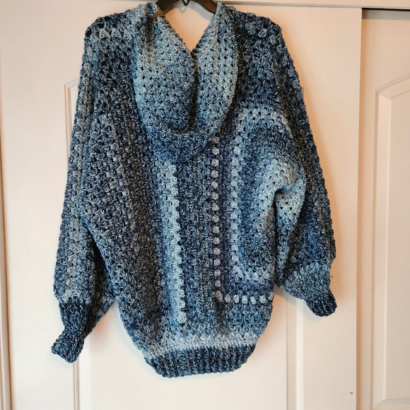 Hand Crocheted Chunky Blue Sweater Silver Maple Stitches Hooded Oversized Heavy - Picture 2 of 11